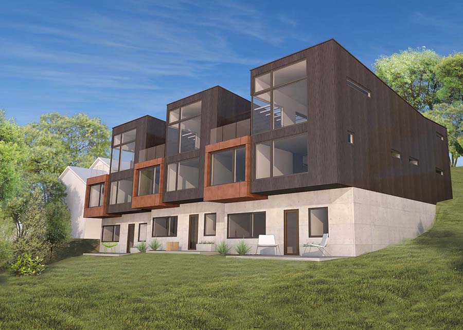 A rendering of the exterior of the townhomes features Bauhaus-style design and stands out against the green surrounding